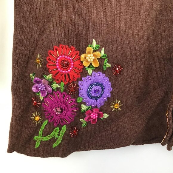 Vintage Just B Womens M Brown Front Button Sweater Floral Embroidery Collar - Picture 6 of 12